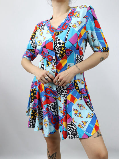 Vintage 80s 90s jumpsuit one-piece short sleeve crazy pattern colorful 40