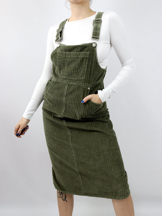 Vintage 80er 90er J.G. HOOK Maxikleid Latzkleid Cord grün M/L