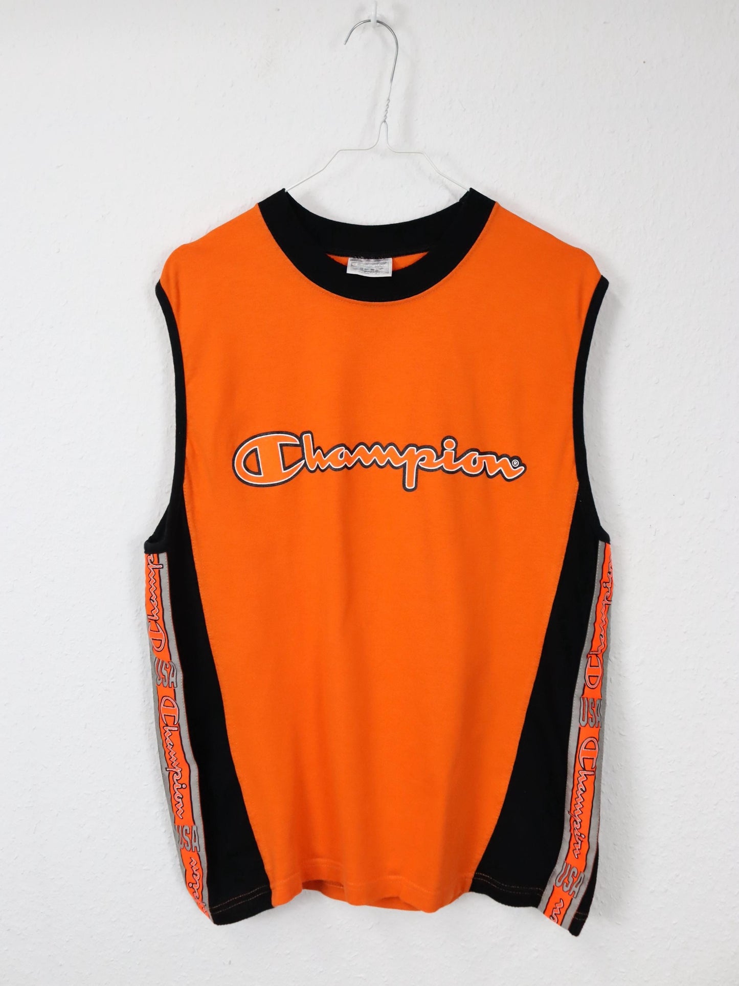 Vintage 80er 90er CHAMPION Tanktop Achselshirt orange schwarz S