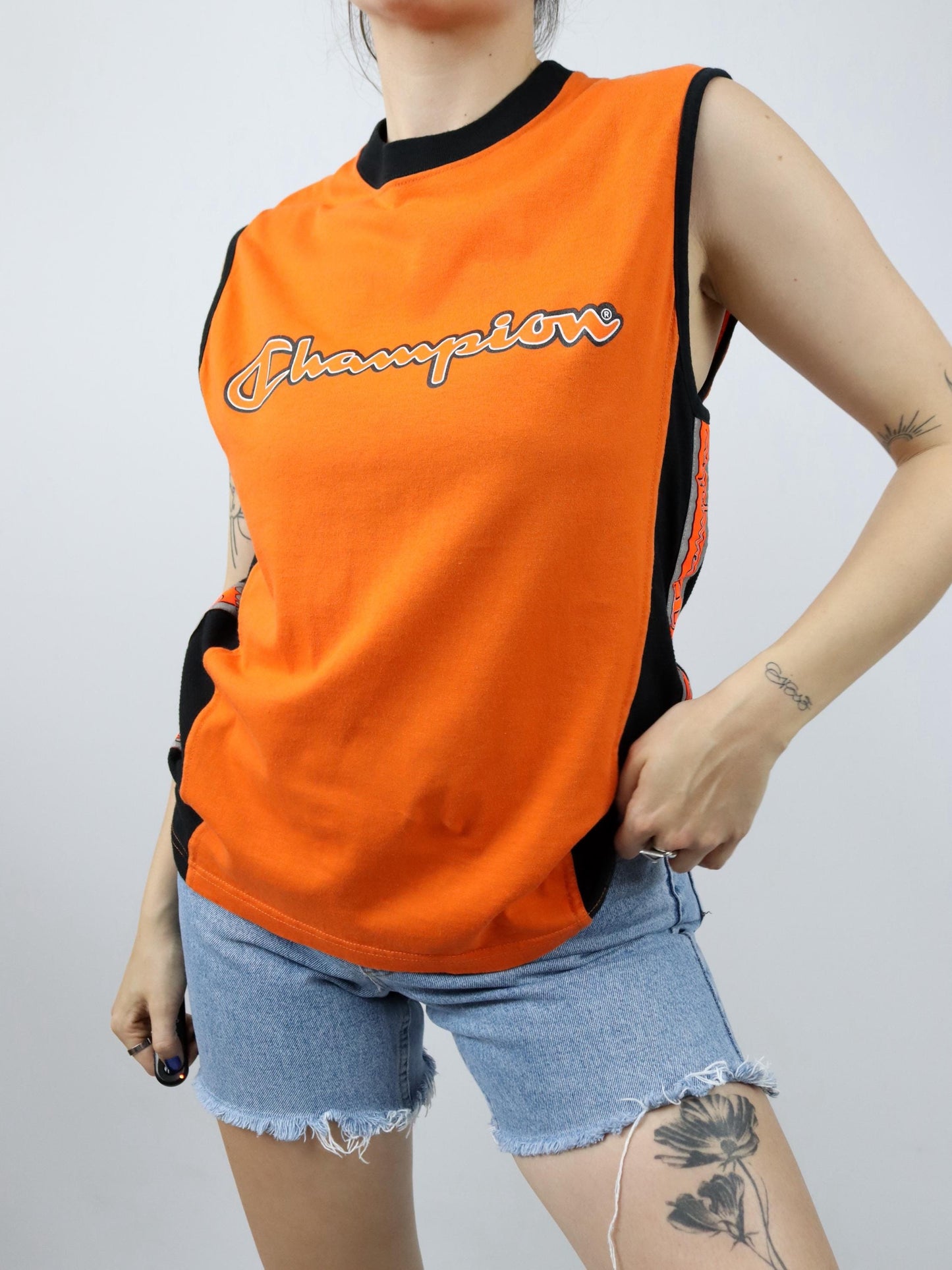 Vintage 80er 90er CHAMPION Tanktop Achselshirt orange schwarz S