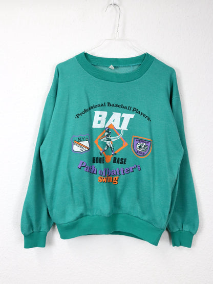 Vintage 80er 90er BAT Sweatshirt Pullover Print Baseball türkis bunt S