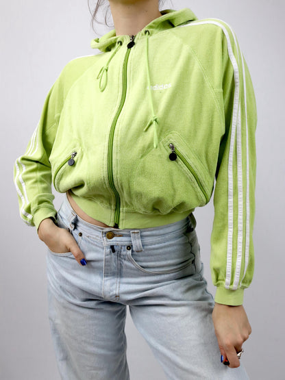 Vintage 80s 90s ADIDAS jacket crop light green terry cloth hood 38