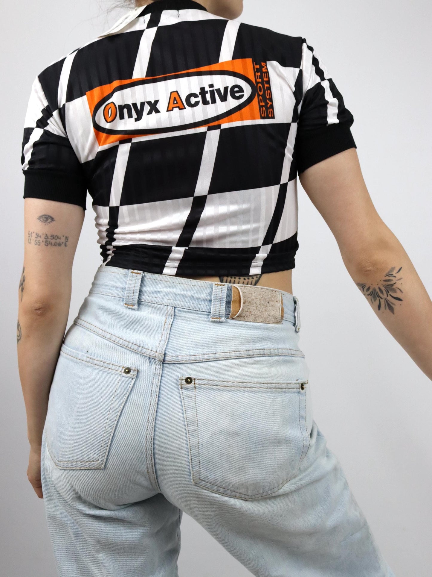 Vintage 80er 90er ONXY Trikot Top bauchfrei kurzarm schwarz weiß Backprint Deadstock S/M