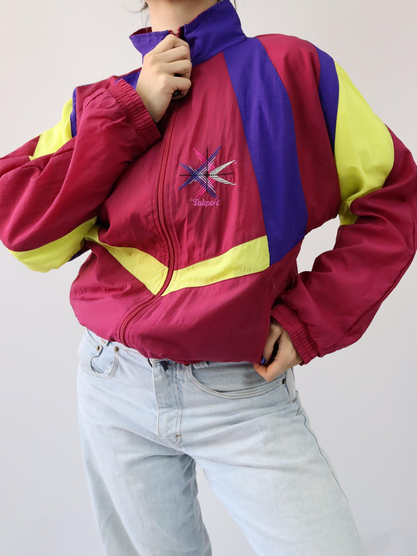 Vintage 80s 90s VALSPORT tracksuit jacket stand-up collar red yellow purple S