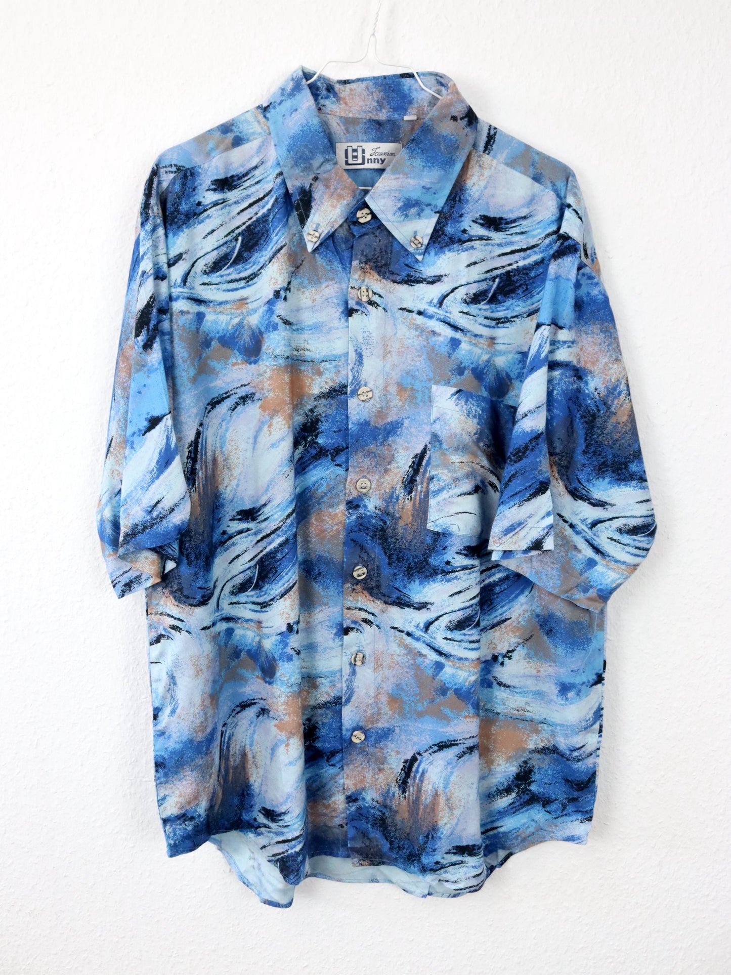 Vintage 80s 90s SUNNY shirt short sleeve crazy pattern blue viscose L