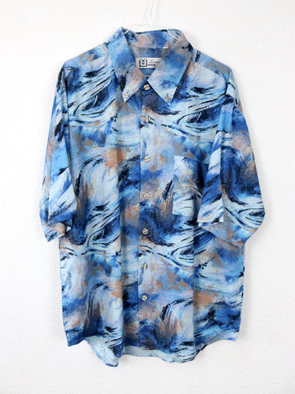 Vintage 80s 90s SUNNY shirt short sleeve crazy pattern blue viscose L