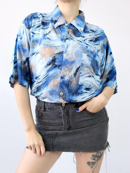 Vintage 80s 90s SUNNY shirt short sleeve crazy pattern blue viscose L