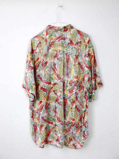 Vintage 80s 90s GIN TONIC shirt short sleeve crazy pattern colorful viscose M