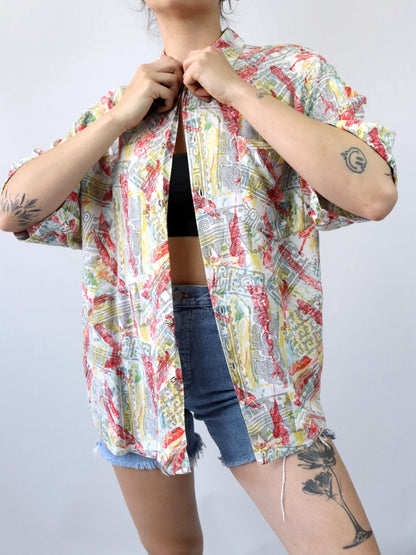 Vintage 80s 90s GIN TONIC shirt short sleeve crazy pattern colorful viscose M