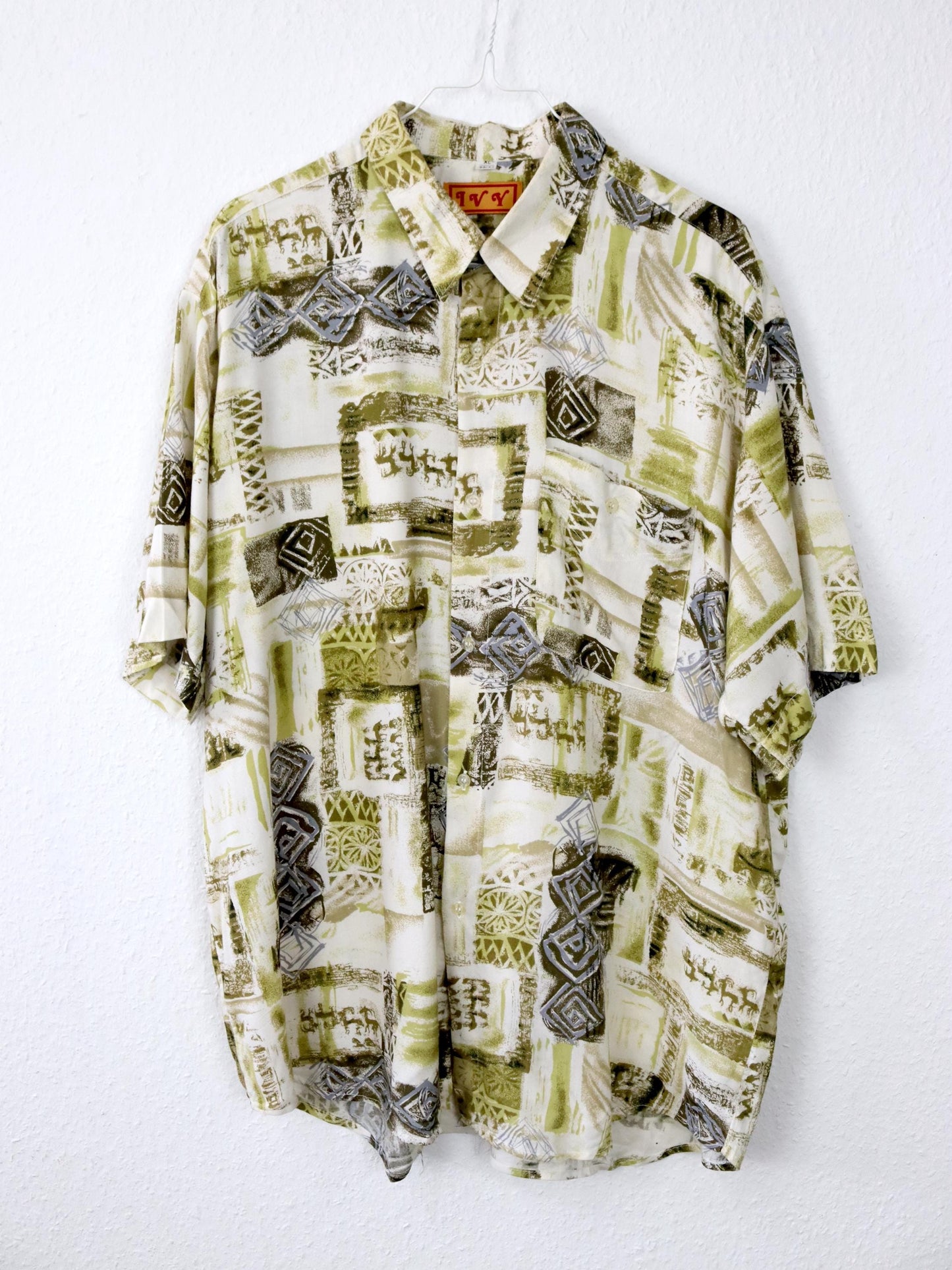 Vintage 80s 90s IVJ shirt short sleeve crazy pattern green white XL
