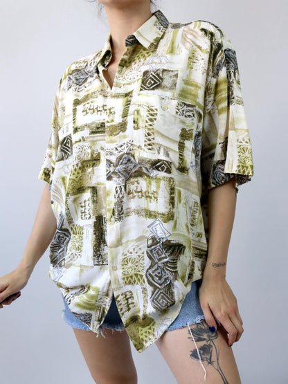 Vintage 80s 90s IVJ shirt short sleeve crazy pattern green white XL