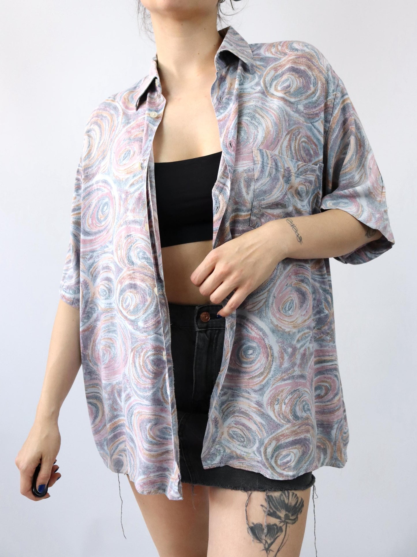 Vintage 80s 90s shirt short sleeve crazy pattern pastel L