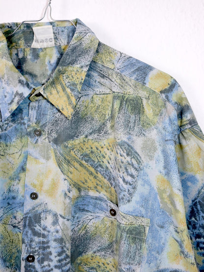 Vintage 80s 90s shirt short sleeve crazy pattern yellow green blue XL