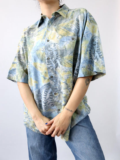 Vintage 80s 90s shirt short sleeve crazy pattern yellow green blue XL
