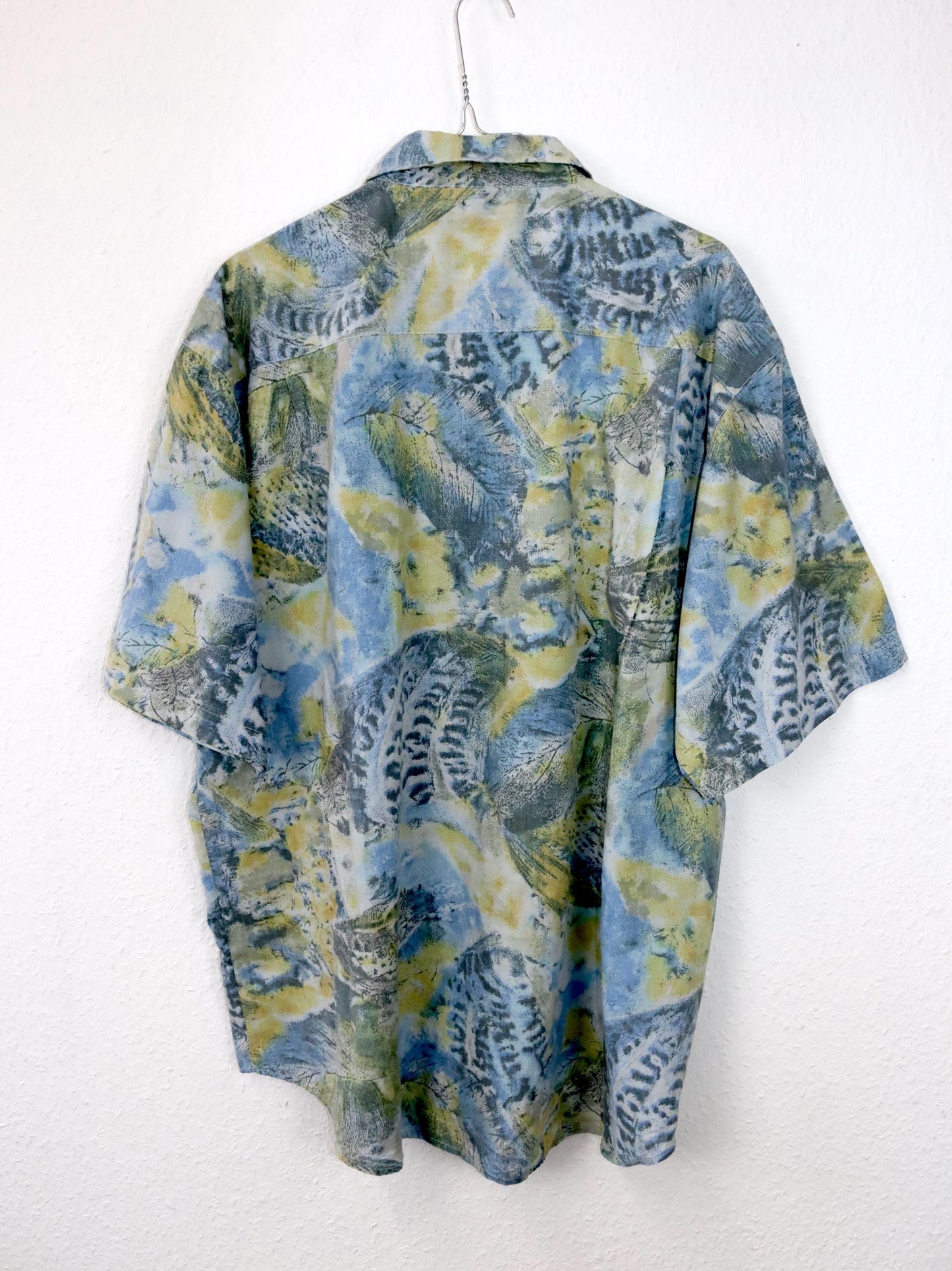 Vintage 80s 90s shirt short sleeve crazy pattern yellow green blue XL