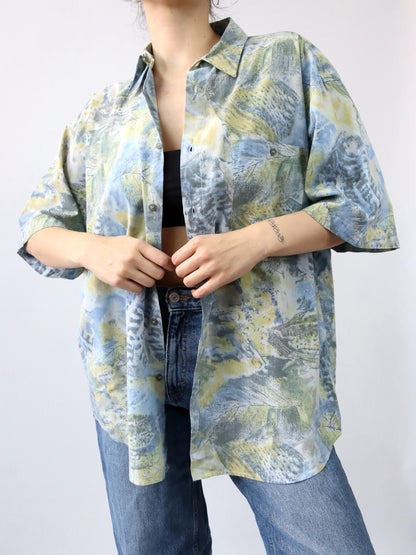 Vintage 80s 90s shirt short sleeve crazy pattern yellow green blue XL