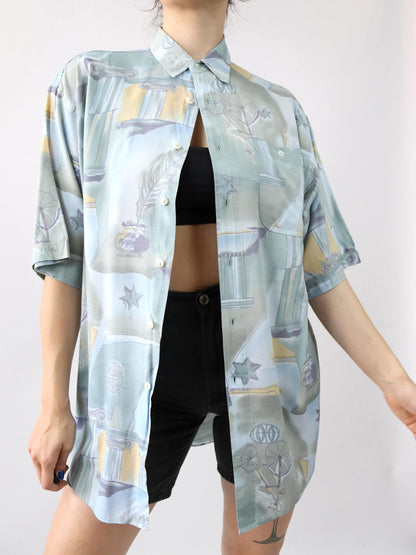 Vintage 80s 90s JEAN LEGALLI shirt short sleeve crazy pattern blue M