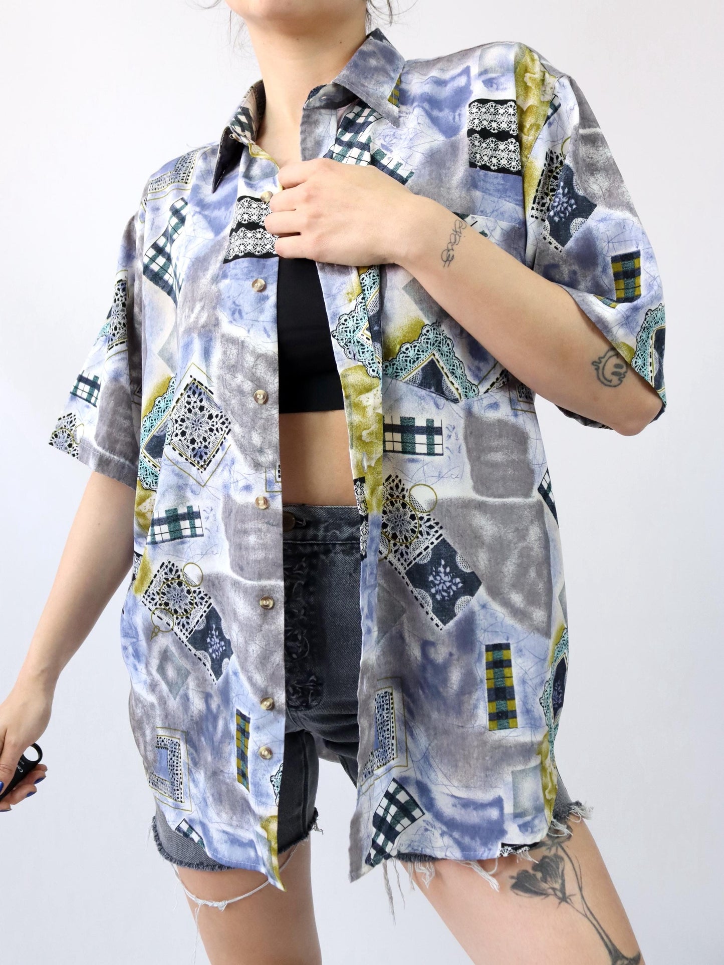 Vintage 80s 90s JFH shirt short sleeve crazy pattern colorful L