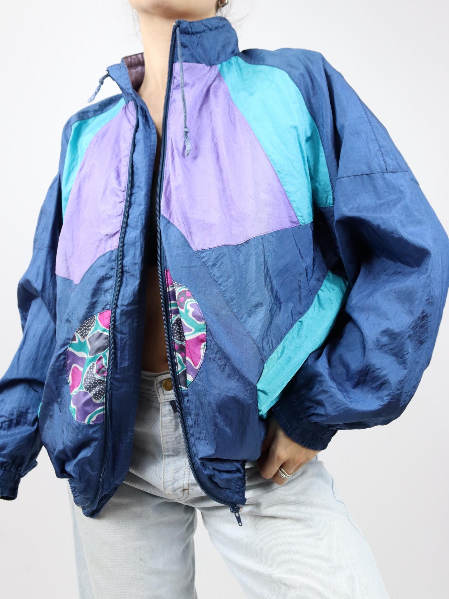 Vintage 80s 90s BLUESEVEN tracksuit jacket stand-up collar double-layered shiny purple blue XL