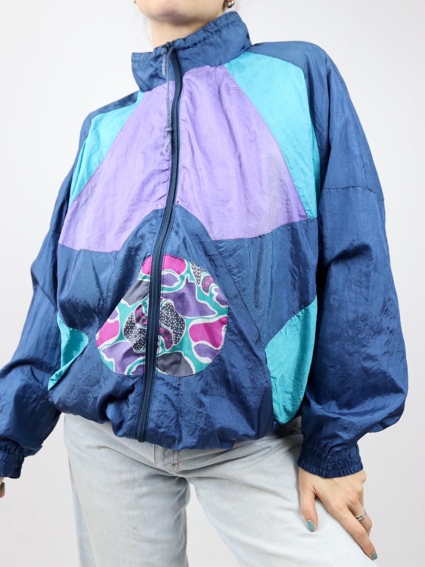 Vintage 80s 90s BLUESEVEN tracksuit jacket stand-up collar double-layered shiny purple blue XL