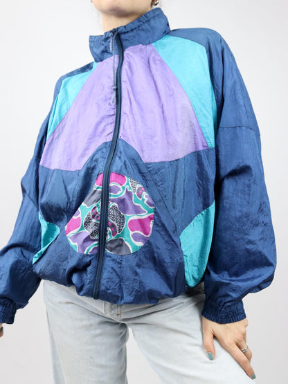 Vintage 80s 90s BLUESEVEN tracksuit jacket stand-up collar double-layered shiny purple blue XL