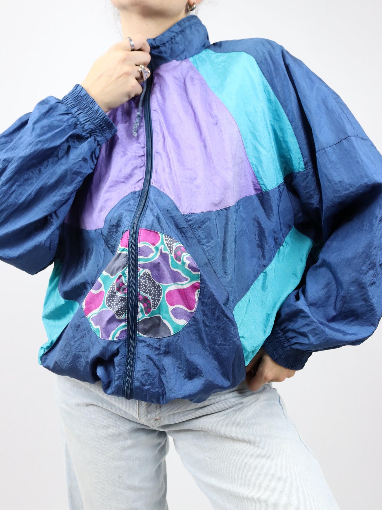 Vintage 80s 90s BLUESEVEN tracksuit jacket stand-up collar double-layered shiny purple blue XL