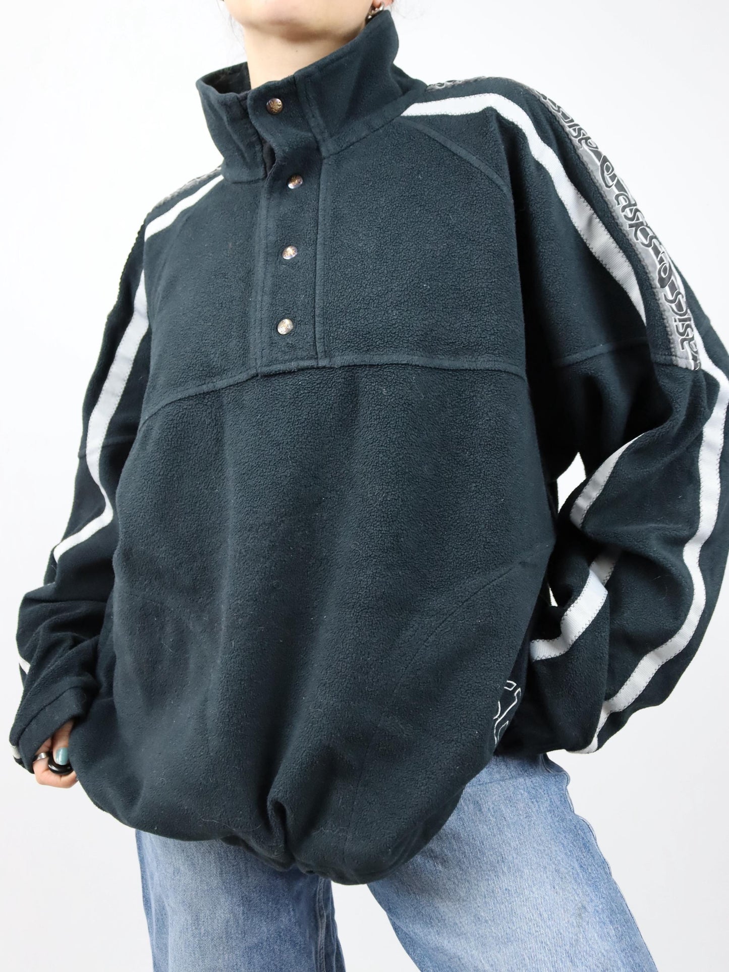 Vintage 80er 90er ASICS Fleecepullover Stehkragen schwarz grau XXL