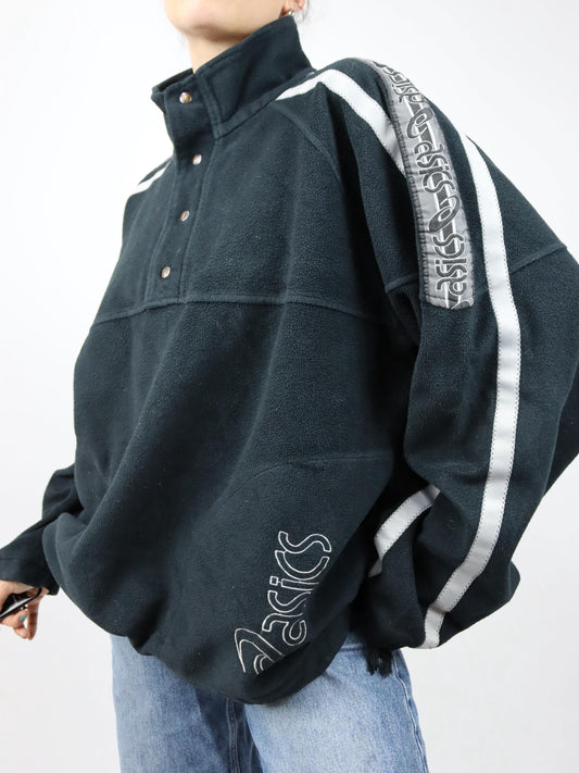 Vintage 80er 90er ASICS Fleecepullover Stehkragen schwarz grau XXL