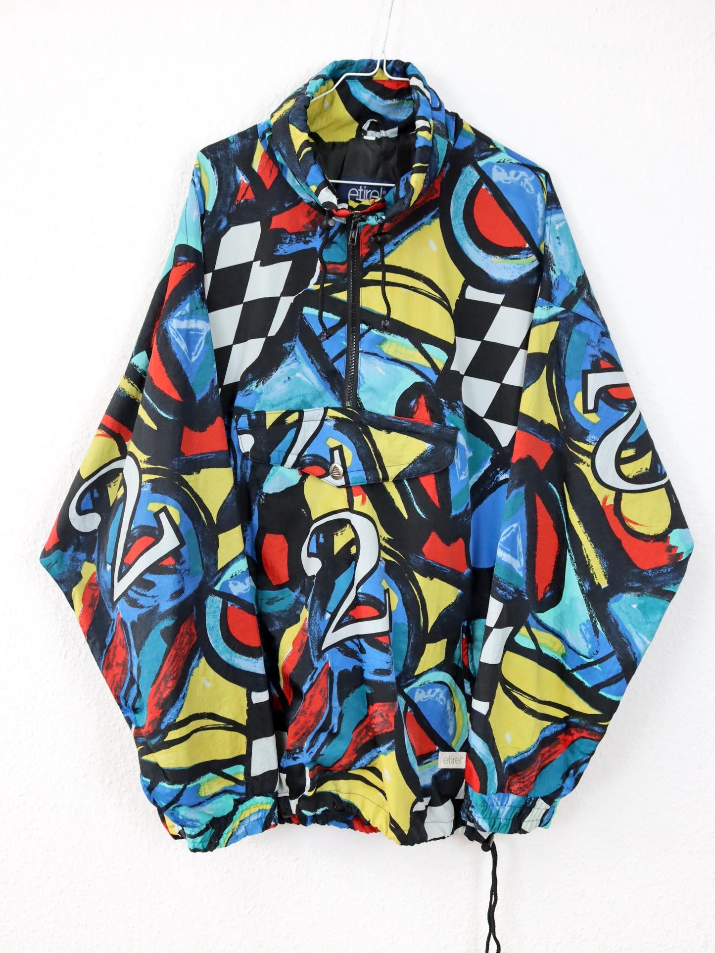 Vintage 80s 90s ETIREL windbreaker jacket crazy pattern colorful stand-up collar XXL