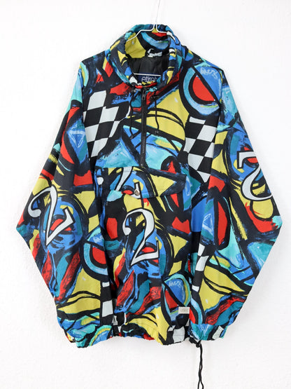 Vintage 80s 90s ETIREL windbreaker jacket crazy pattern colorful stand-up collar XXL