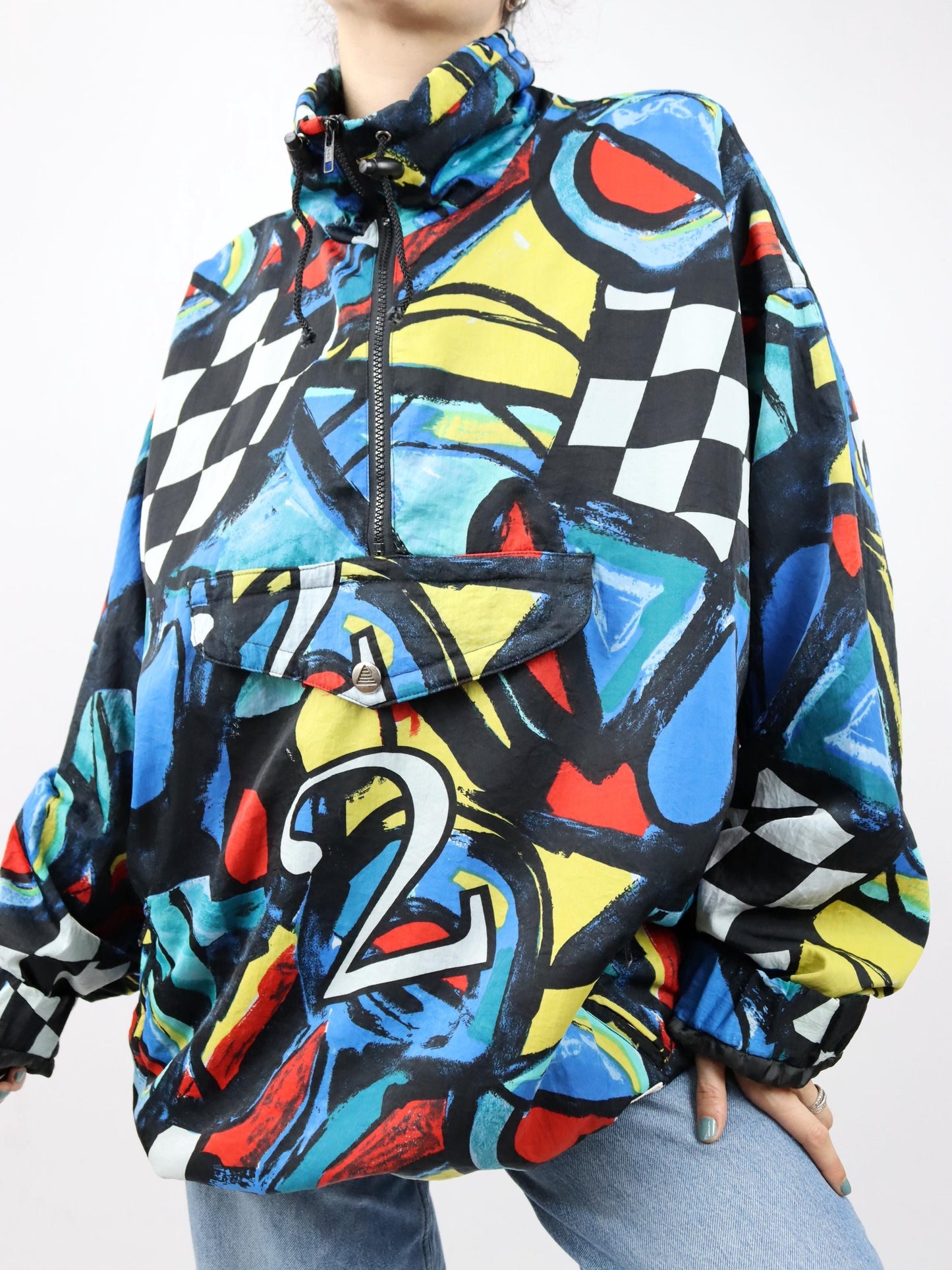 Vintage 80s 90s ETIREL windbreaker jacket crazy pattern colorful stand-up collar XXL