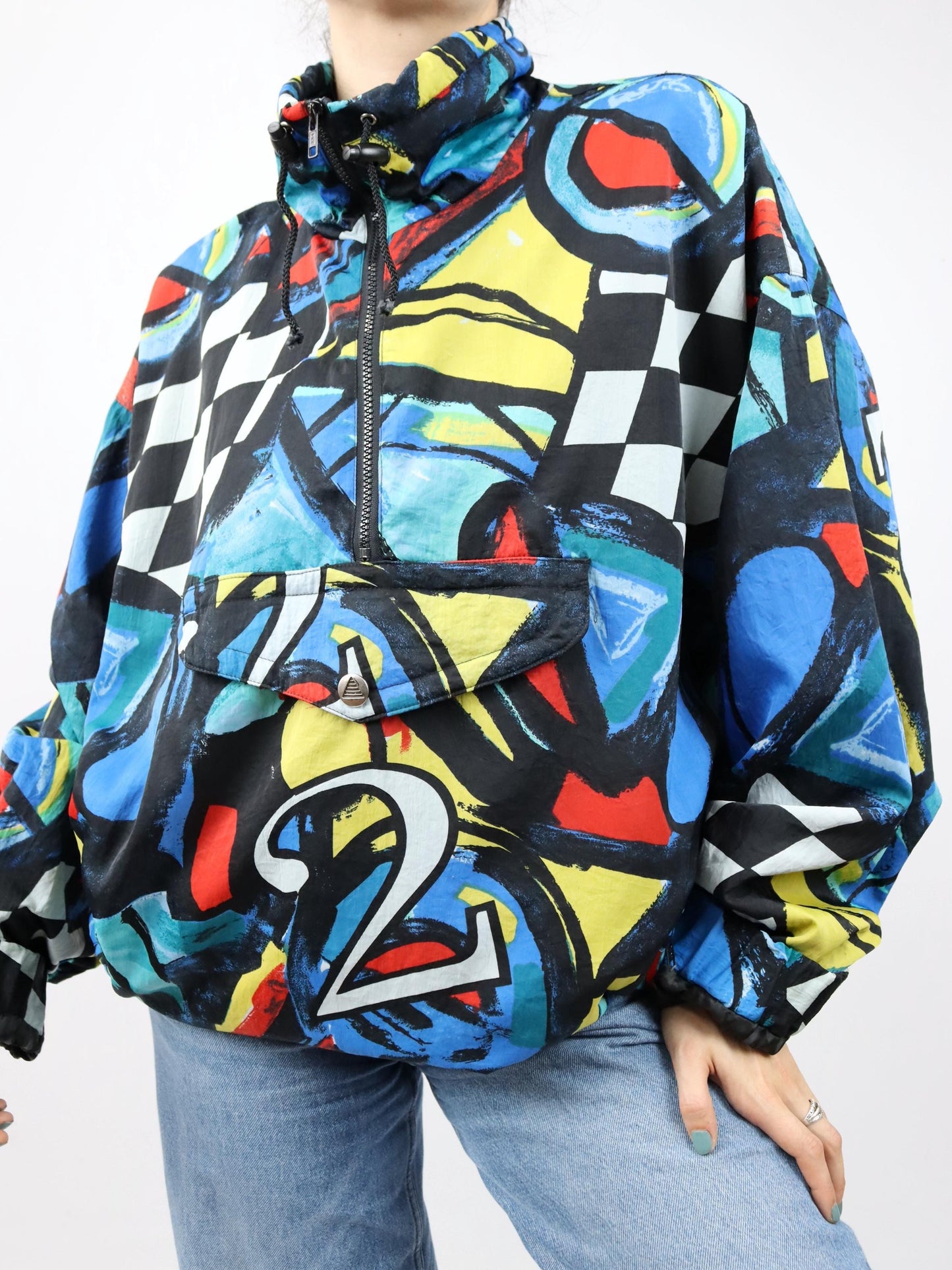 Vintage 80s 90s ETIREL windbreaker jacket crazy pattern colorful stand-up collar XXL