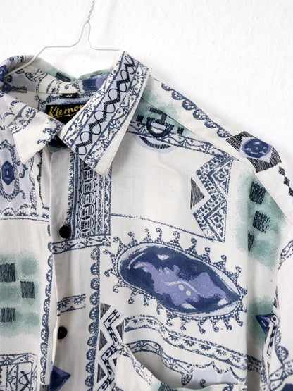 Vintage 80er 90er KLEMON MODE Hemd kurzarm crazy pattern blau weiß 40 M
