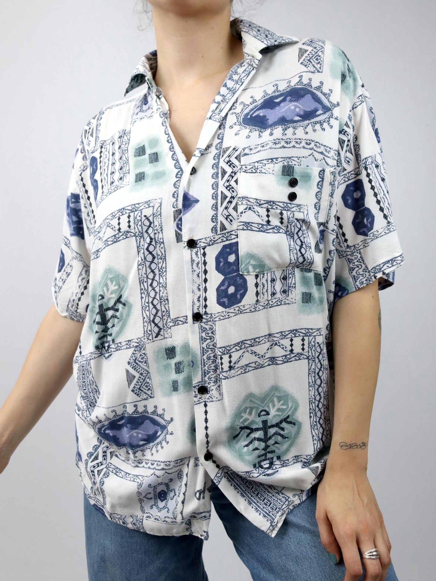 Vintage 80er 90er KLEMON MODE Hemd kurzarm crazy pattern blau weiß 40 M
