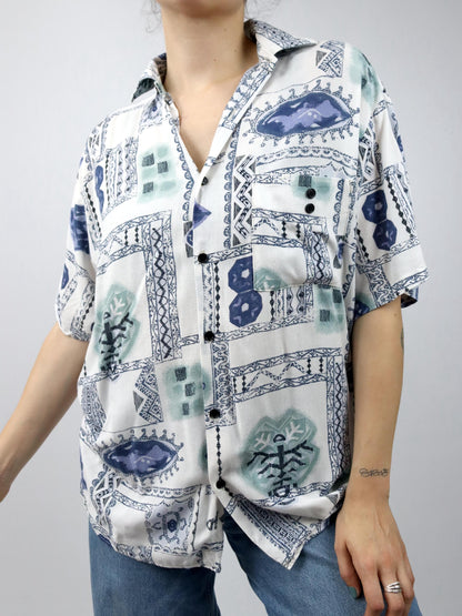 Vintage 80er 90er KLEMON MODE Hemd kurzarm crazy pattern blau weiß 40 M