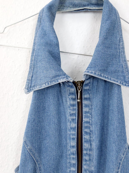 Vintage 80s 90s SQUAW denim dress halter neck zipper S