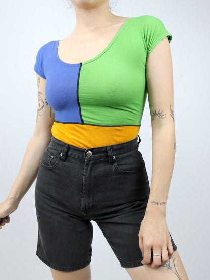 Vintage 80s 90s CAT bodysuit one-piece top orange blue green short sleeve S/M