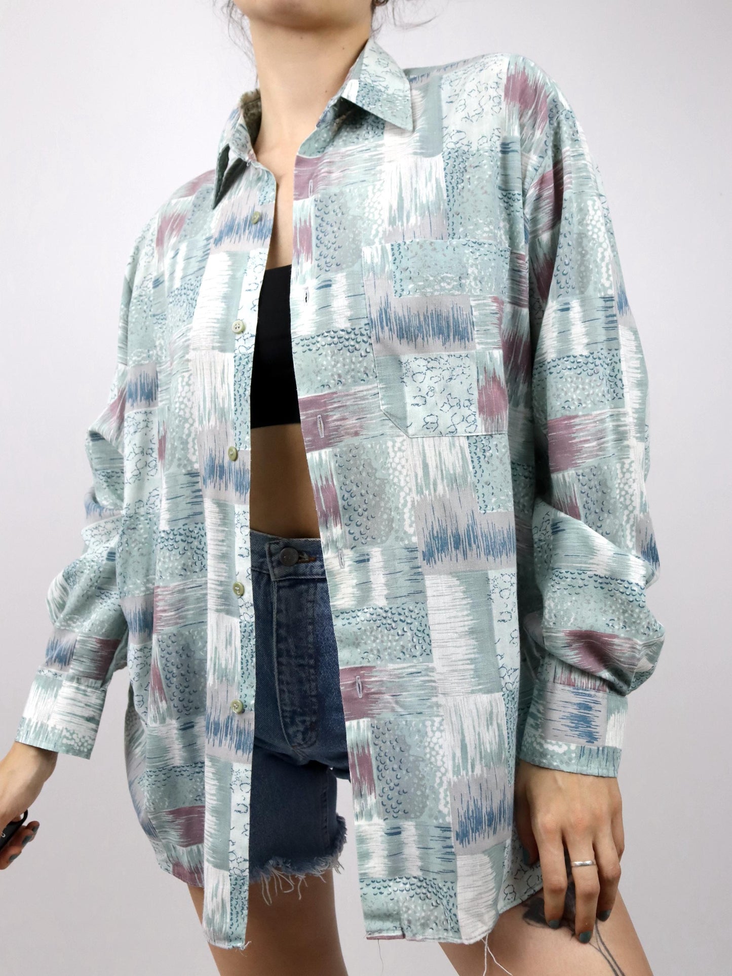 Vintage 80s 90s shirt long sleeve crazy pattern pastel 41/42 L