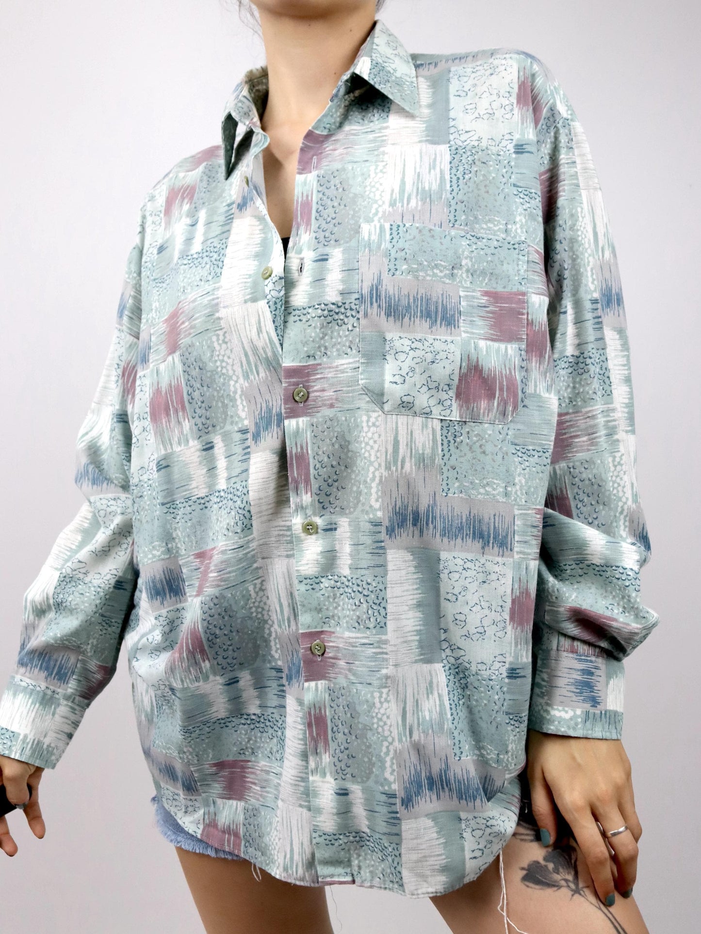 Vintage 80s 90s shirt long sleeve crazy pattern pastel 41/42 L