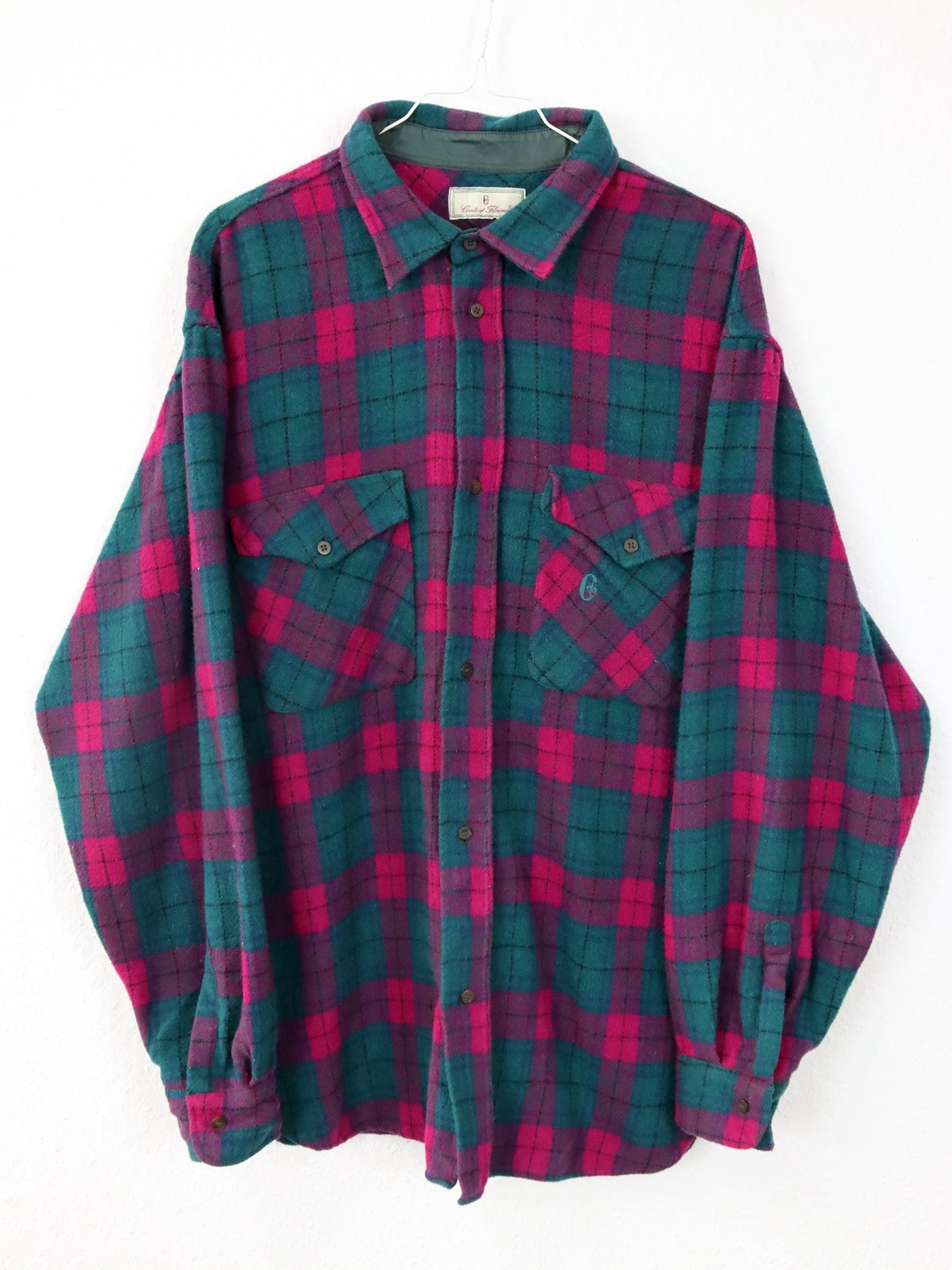 Vintage 80s 90s CONTE OF FLORENCE flannel shirt wool long sleeve green pink L