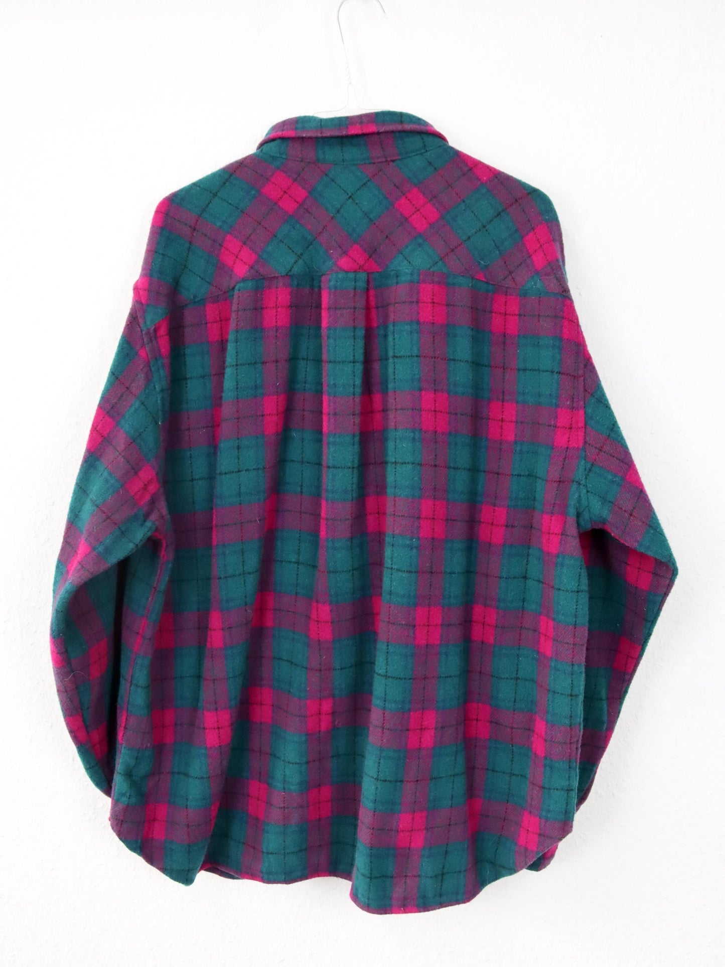 Vintage 80s 90s CONTE OF FLORENCE flannel shirt wool long sleeve green pink L