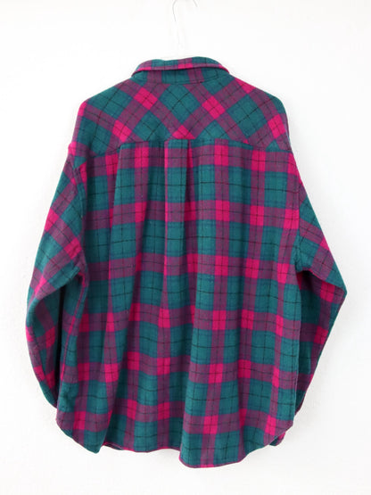 Vintage 80s 90s CONTE OF FLORENCE flannel shirt wool long sleeve green pink L