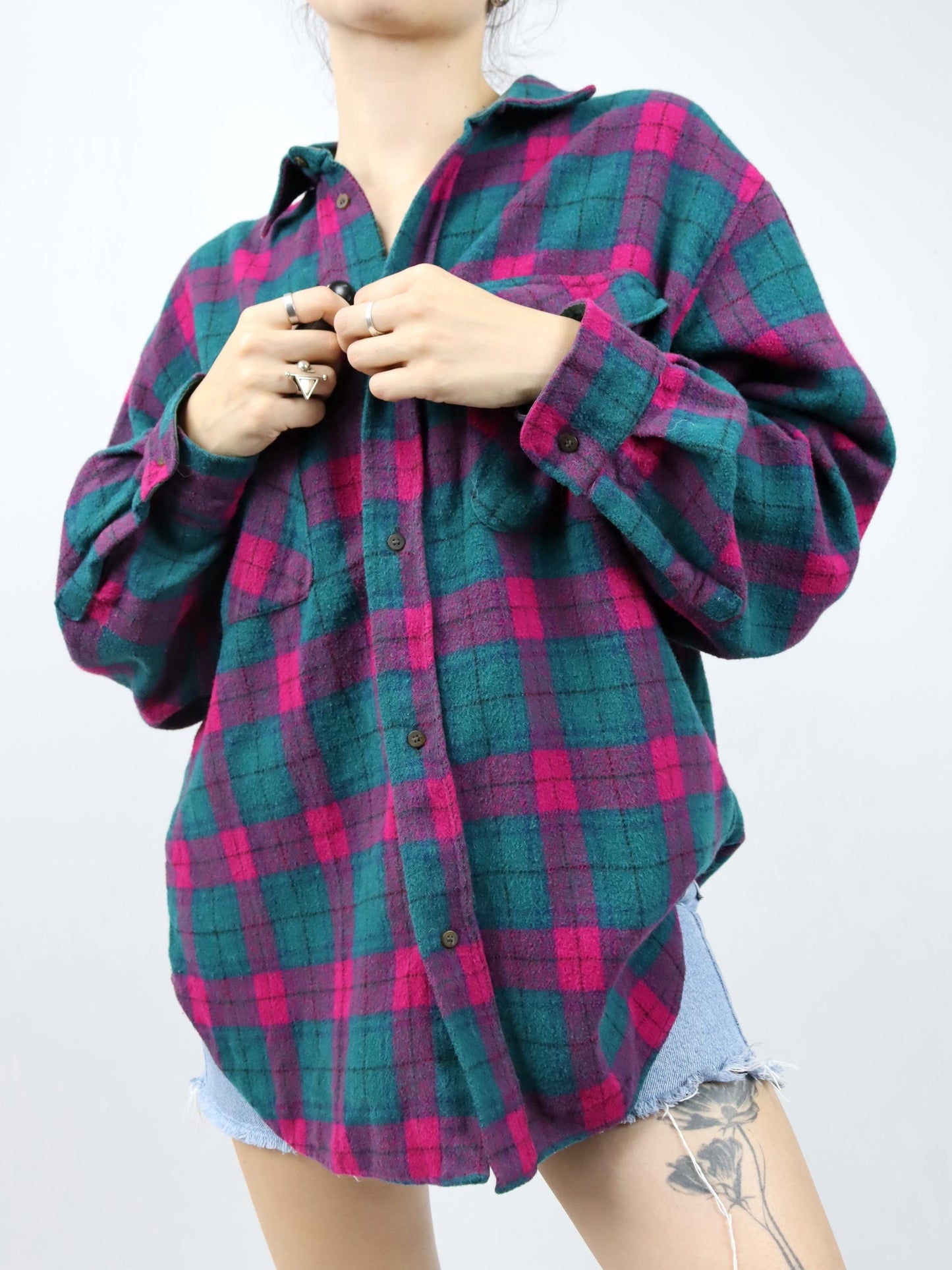 Vintage 80s 90s CONTE OF FLORENCE flannel shirt wool long sleeve green pink L