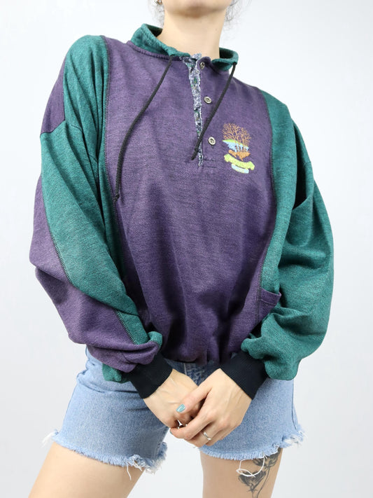 Vintage 80er 90er LODITEX Sweatshirt dünn Knopfreihe lila grün XL