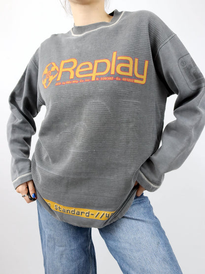 Vintage 80er 90er REPLAY Sweatshirt Pullover dunkelgrau gelb M