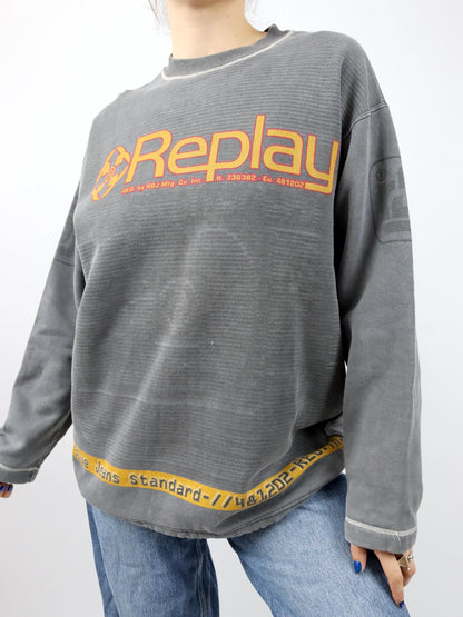 Vintage 80er 90er REPLAY Sweatshirt Pullover dunkelgrau gelb M