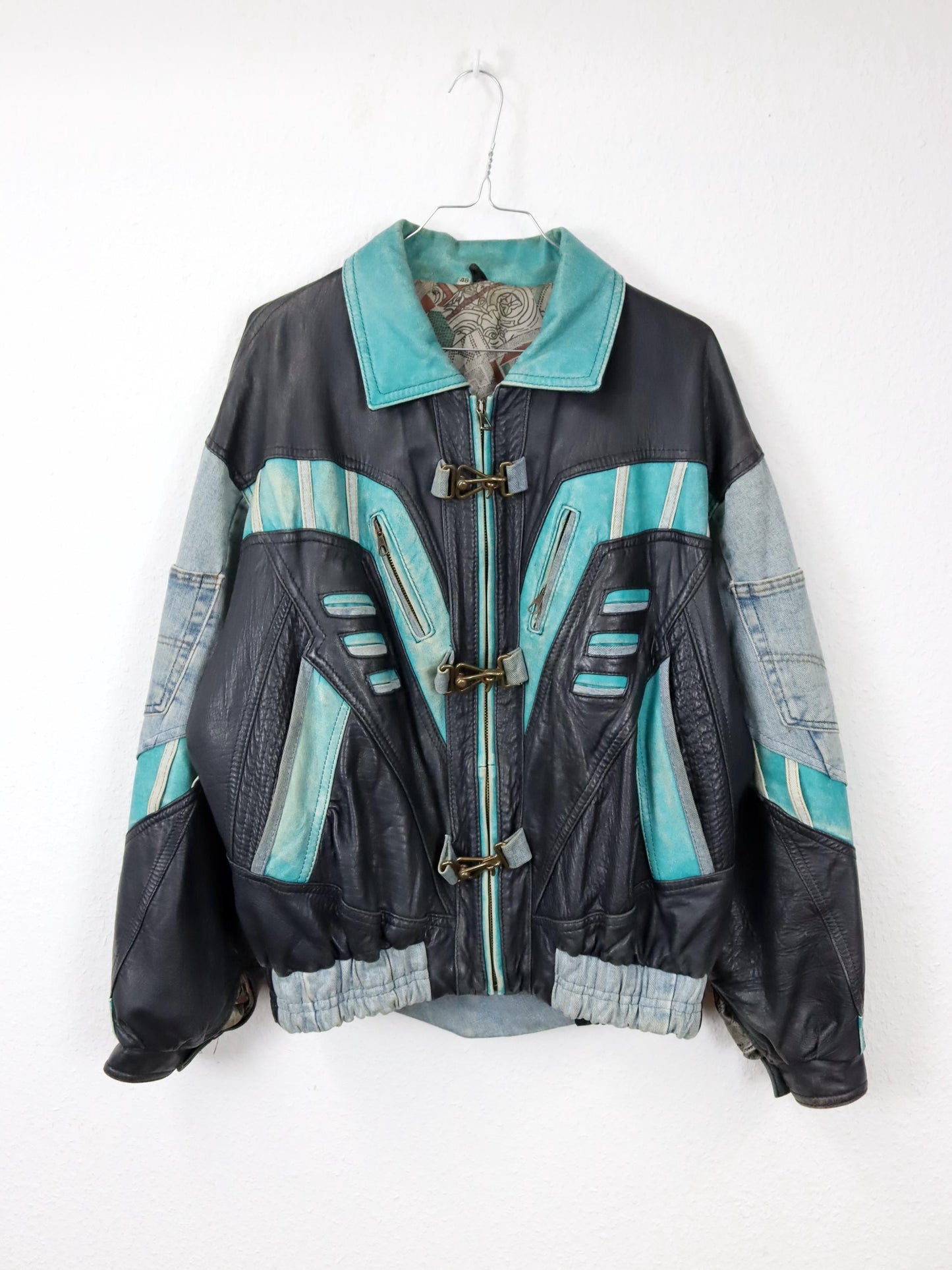 Vintage 80s 90s RARE leather jacket denim details bomber jacket black turquoise light blue M 48
