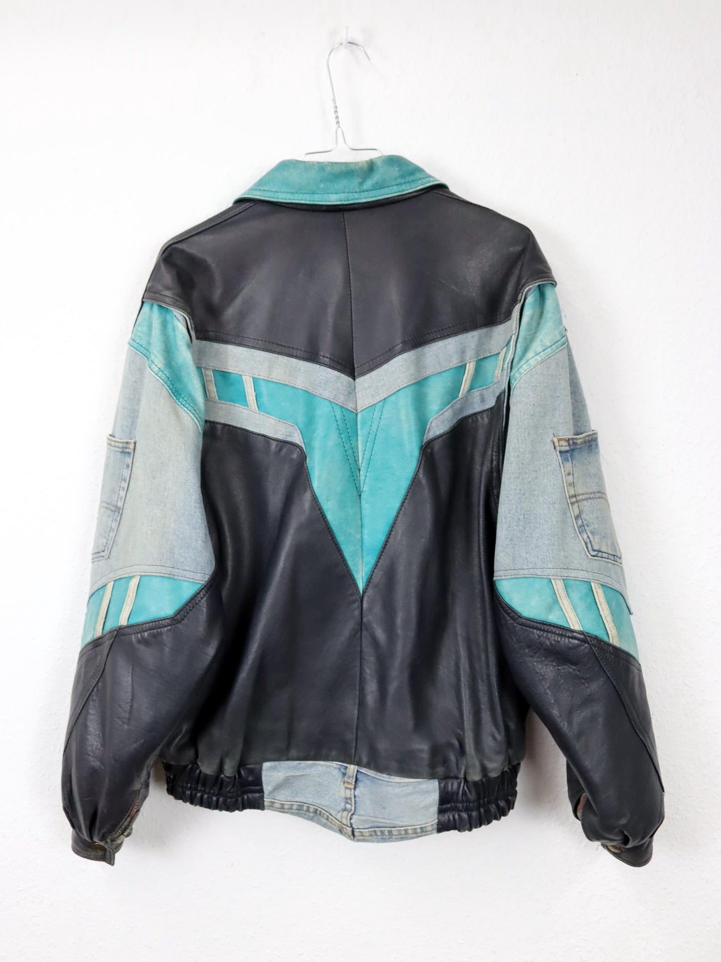 Vintage 80s 90s RARE leather jacket denim details bomber jacket black turquoise light blue M 48
