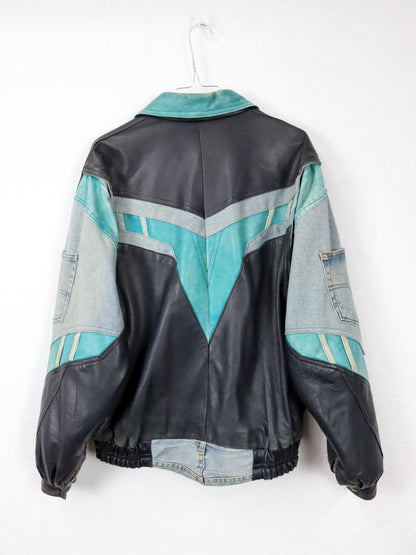 Vintage 80s 90s RARE leather jacket denim details bomber jacket black turquoise light blue M 48