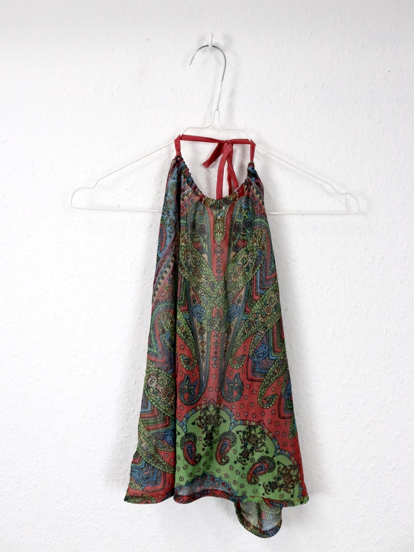 Vintage 80er 90er SAONA Seidentop rückenfrei Neckholder gemustert bunt Seide Handmade in Indonesia S/M